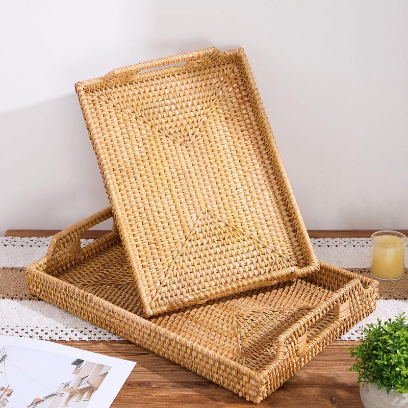 Kmelep Rattan Rectangular Serving Tray with Handles, Hand-Woven Wicker Decorative Tray for Coffee Table,Vintage Boho Style Decor for Dining, Kitchen, Bathroom, Outdoor(17"x11.4"x1.9") - Image 5