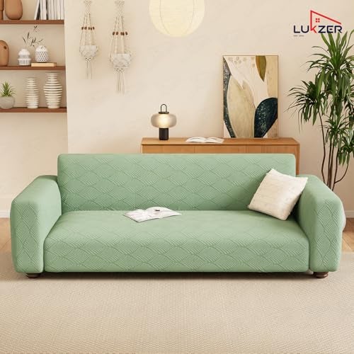 Lukzer 5 Seater Pastel Green Leaf Trail Pattern Sofa Cover | 240 GSM Universal Stretch Fit 3+1+1 Jacquard Fabric Couch Protector | Fully Covered Anti Slip & Washable Sofa Cover (SC-128-05) - Image 4