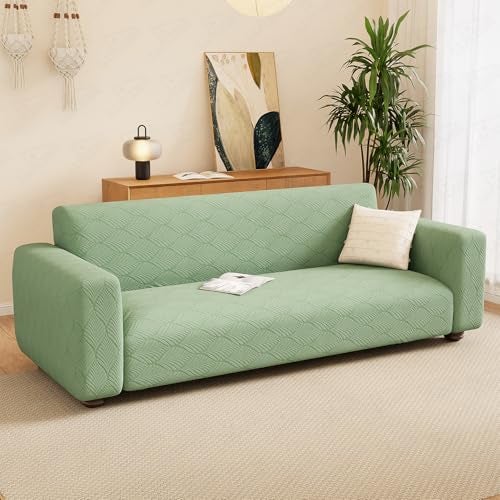 Lukzer 5 Seater Pastel Green Leaf Trail Pattern Sofa Cover | 240 GSM Universal Stretch Fit 3+1+1 Jacquard Fabric Couch Protector | Fully Covered Anti Slip & Washable Sofa Cover (SC-128-05) - Image 3