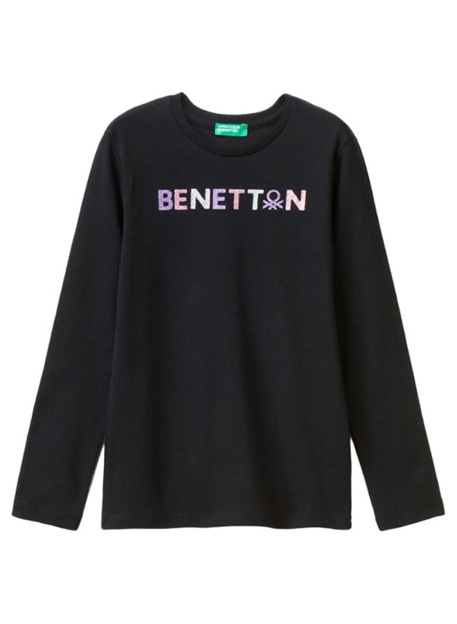 Benetton Girls Glitter Printed Long Sleeve T-shirt - Image 1