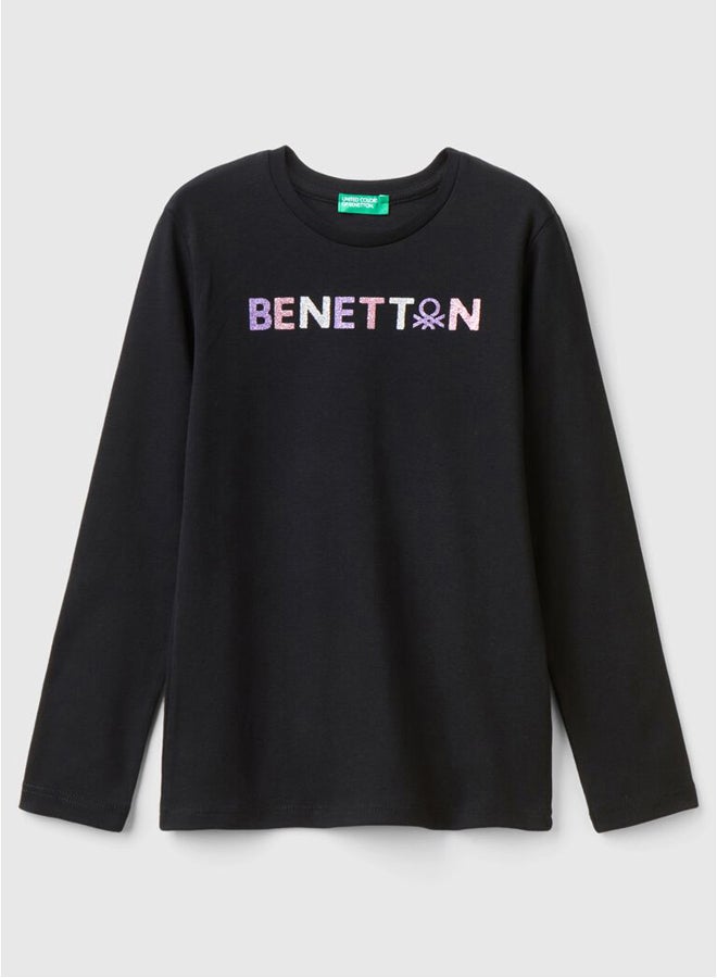 Benetton Girls Glitter Printed Long Sleeve T-shirt - Image 4