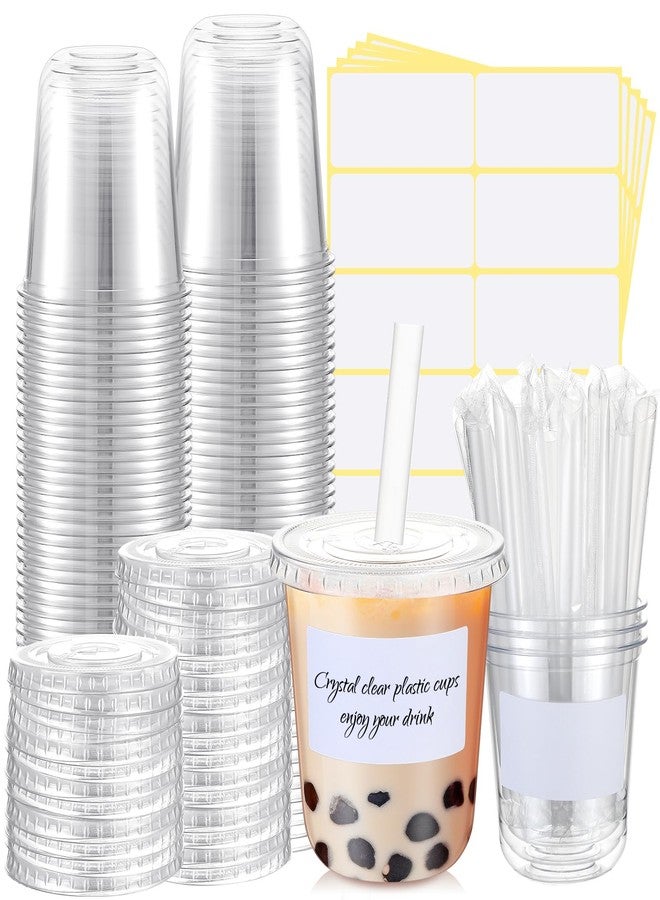 Ziliny 50 Sets Crystal Clear Plastic Cups with Lids, Straws and Stickers, Disposable Iced Coffee Cups Thickened PET for Iced Coffee, Bubble BobaTea, Smoothie, Cold Drinks, Juice, Shops (12 oz) - Image 1