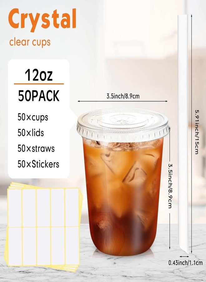 Ziliny 50 Sets Crystal Clear Plastic Cups with Lids, Straws and Stickers, Disposable Iced Coffee Cups Thickened PET for Iced Coffee, Bubble BobaTea, Smoothie, Cold Drinks, Juice, Shops (12 oz) - Image 3