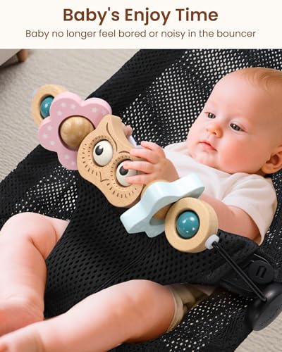 TinlyFinly Baby Bouncer Toy Bar Wooden Compatible with Baby Bjorn Bouncers Bouncer Toy Attachment Tight and Secure Fit So Fun to Watch Touch and Spin for Babies All Ages Wood Color Owl - Image 5