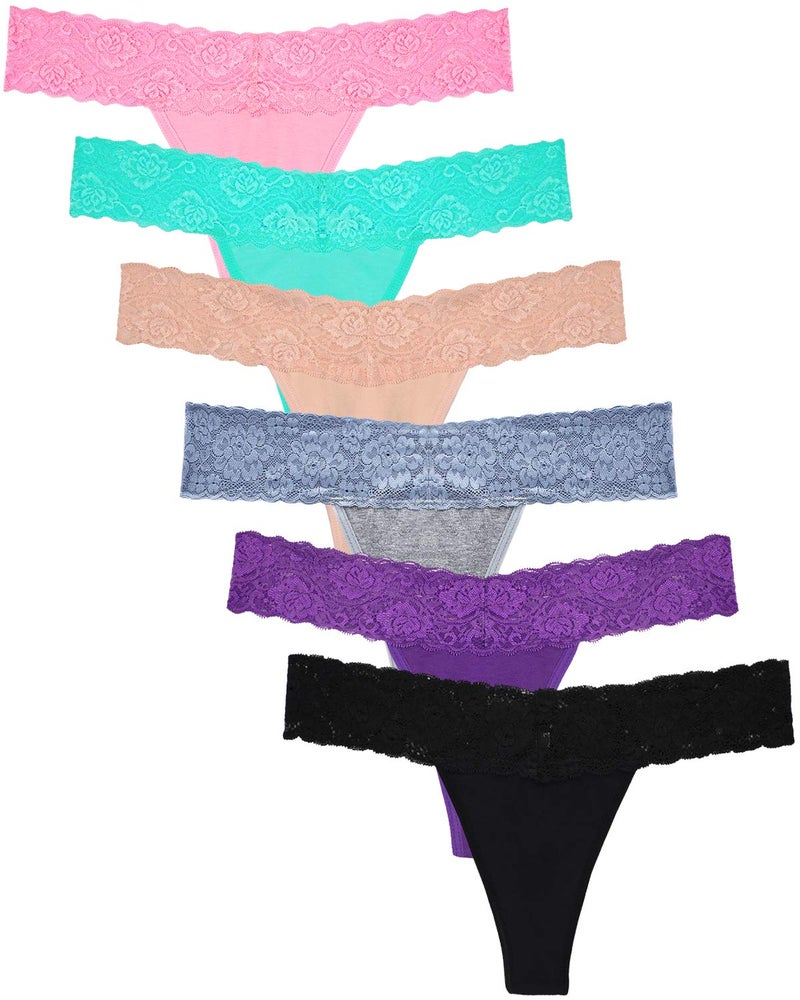 Sunm Boutique Pack of 6 Lace Thongs for Women Thong Underwear Women Women's Thin Lace Panties T Back Low Waist Thongs for Women (Multi, Medium) - Image 1