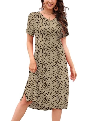 VOBCTY Women's Casual Short Sleeve Tshirt Dress Summer Side Split Loose V Neck Dresses(65B,Large) - Image 1