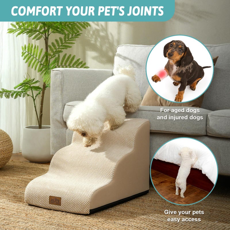 COZY KISS Dog Stairs for Small Dogs 15.7" H, Curved Dog Step for Puppy, Older Cat, Medium Pet Ramp for Sofa, Couch or Chair, Ladder with High Density Foam, 3 Step, 15.7x22.4x15.7 inch, Beige - Image 3