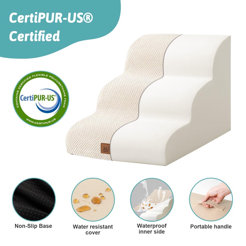 COZY KISS Dog Stairs for Small Dogs 15.7" H, Curved Dog Step for Puppy, Older Cat, Medium Pet Ramp for Sofa, Couch or Chair, Ladder with High Density Foam, 3 Step, 15.7x22.4x15.7 inch, Beige - Image 4