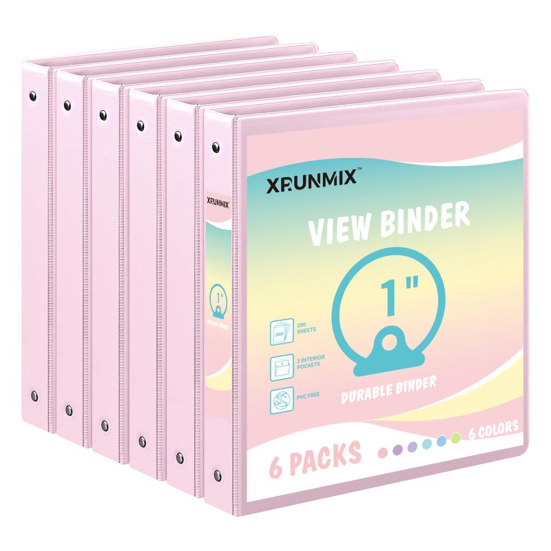XRUNMIX 1-inch 2-inch 3-Ring Binder with Pockets, Basic Binders 1''2'' Color Binders, Holds Letter Size 8.5'' x 11'',200/450 Sheet Capacity, Bundle 6 Pack for Back to School (1'' Pink - 6 Packs) - Image 1