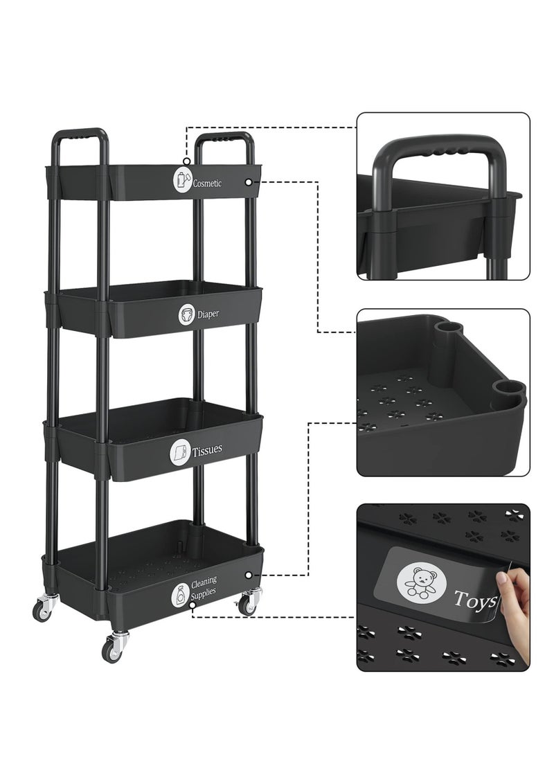 Generic - 4-Tier Plastic Rolling Utility Cart with Handle, Multi-Functional Storage Trolley for Office, Living Room, Kitchen, Movable Storage Organizer with Wheels, Black - Image 1