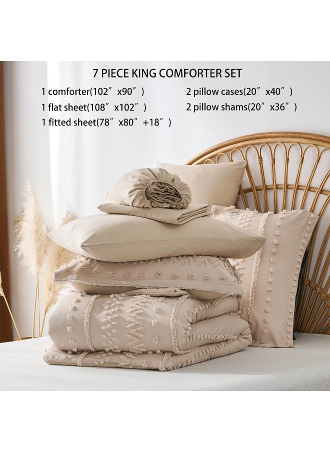 Generic sponwilar 7 Pieces King Size Comforter Set, Khaki Tufted Boho Shabby Chic Bed in a Bag Comforter Set and Sheet Set, Soft Microfiber Lightweight Bedding Set for All Season (Khaki, King)  - Image 3