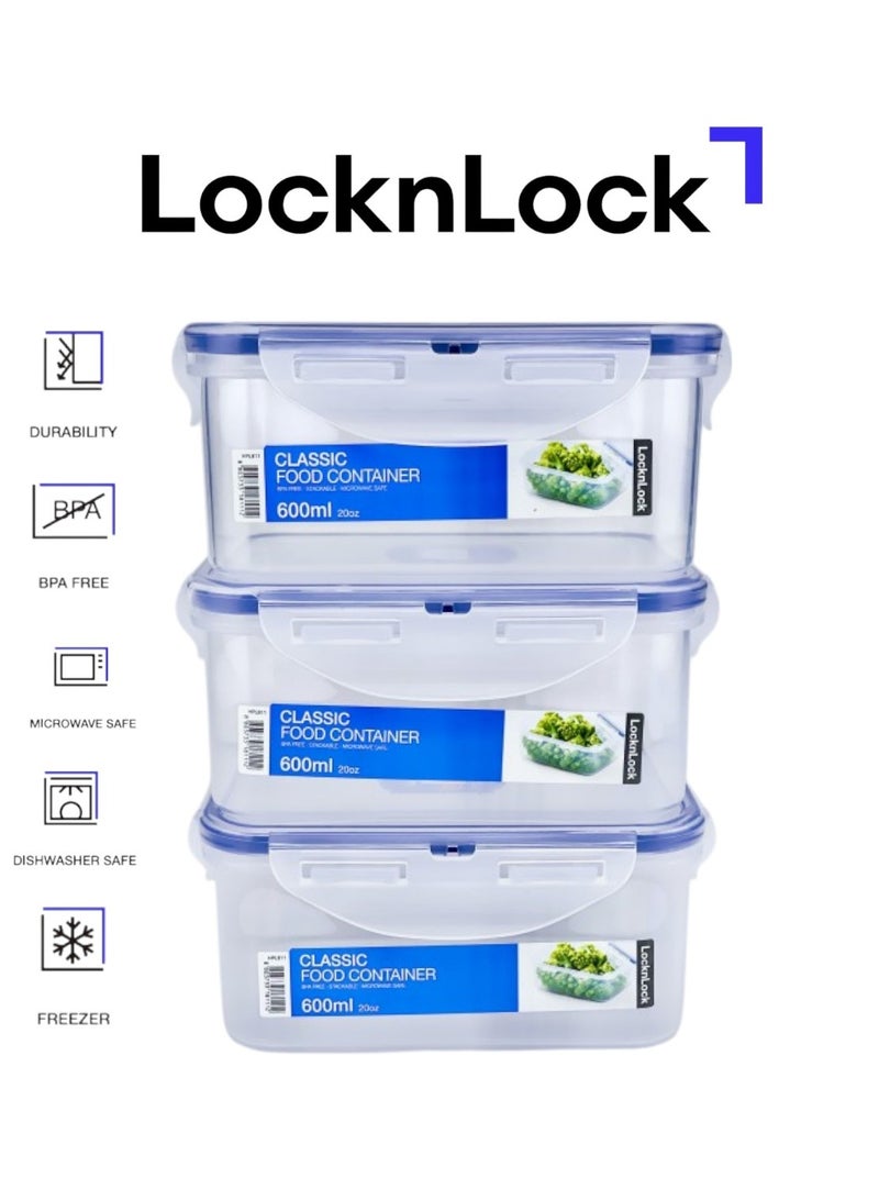 LocknLock لوك إن لوك 600 مل حاوية طعام مستطيلة محكمة الإغلاق - عبوة من 3 - خالية من BPA، آمنة للاستخدام في الميكروويف، الفريزر، وغسالة الصحون - Image 1