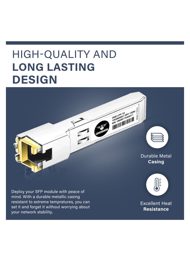 COMMANDO - 1G RJ-45 100m Multi-vendor Compatible UTP Transceiver Module - 1000BASE-T SFP, Copper - Hot Swappable, Plug and Play - Cisco GLC-T, Huawei, Ubiquiti, D-Link, TP-Link, MikroTik - SFP-UTP-1G - Image 1