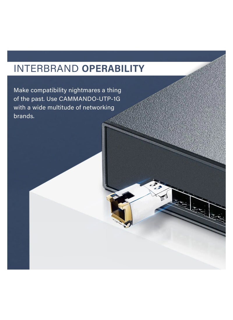 COMMANDO - 1G RJ-45 100m Multi-vendor Compatible UTP Transceiver Module - 1000BASE-T SFP, Copper - Hot Swappable, Plug and Play - Cisco GLC-T, Huawei, Ubiquiti, D-Link, TP-Link, MikroTik - SFP-UTP-1G - Image 1