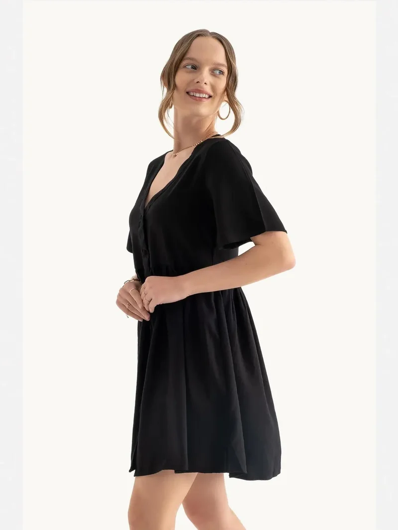 HICCUP V Neck Buttoned Short Sleeves Mini Dress