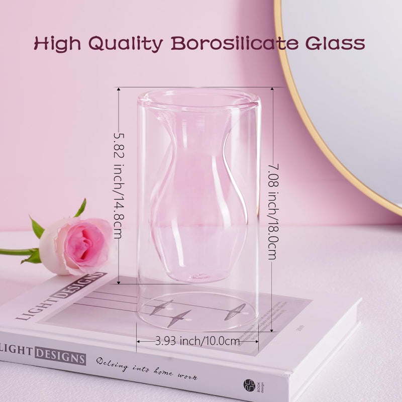 ZENS Unique Pink Small Flower Vase  Double Hollow Floating Clear Glass Vase  Modern Decorative Vase Hand Blown Cool Bud Vase for Home Small Bouquet  Wedding Centerpieces - Image 2