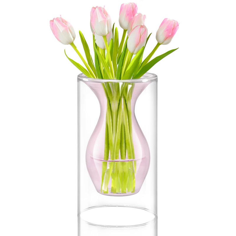 ZENS Unique Pink Small Flower Vase  Double Hollow Floating Clear Glass Vase  Modern Decorative Vase Hand Blown Cool Bud Vase for Home Small Bouquet  Wedding Centerpieces - Image 1
