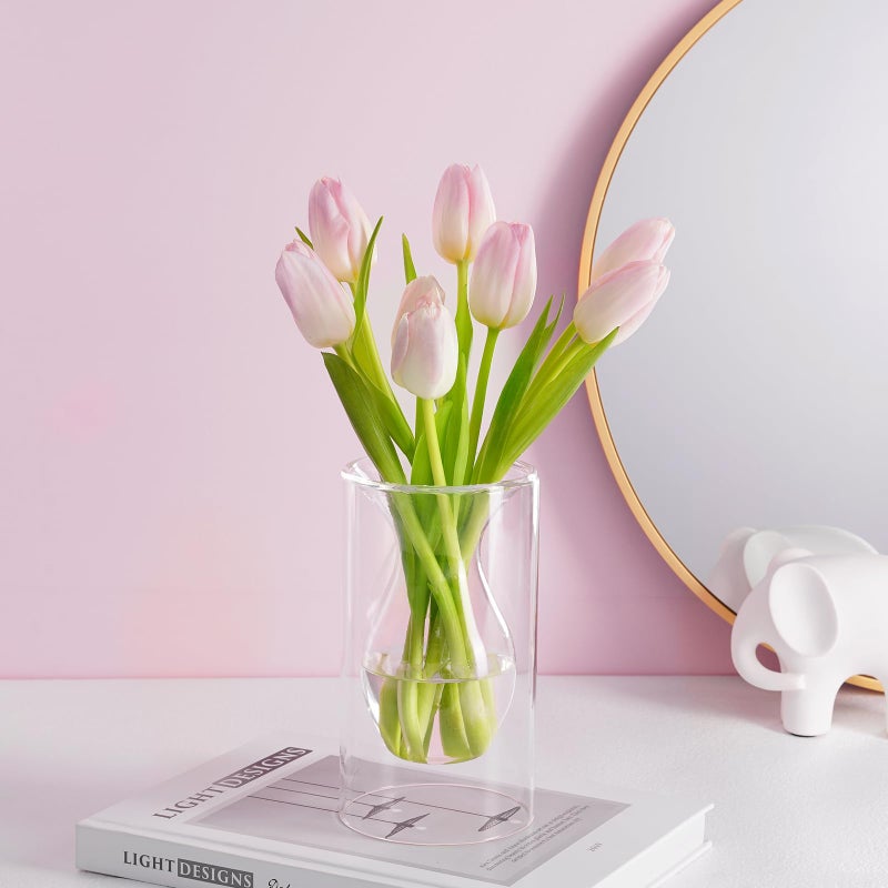 ZENS Unique Pink Small Flower Vase  Double Hollow Floating Clear Glass Vase  Modern Decorative Vase Hand Blown Cool Bud Vase for Home Small Bouquet  Wedding Centerpieces - Image 4