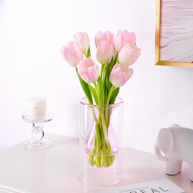 ZENS Unique Pink Small Flower Vase  Double Hollow Floating Clear Glass Vase  Modern Decorative Vase Hand Blown Cool Bud Vase for Home Small Bouquet  Wedding Centerpieces - Image 5