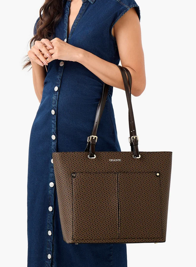 Celeste Monogram Print Tote Bag with Zip Closure