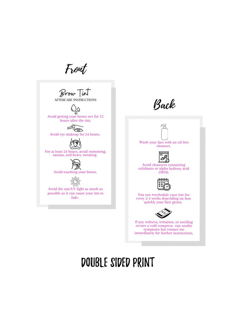 Boutique Marketing LLC Brow Tint Aftercare Instruction Cards | 50 Pack | Physical Printed 2 x 3.5” inches Business Card Size |At Home DIY Brow Tint Henna |Snatched Brows Holographic Look Design (White & Pink)  - Image 4