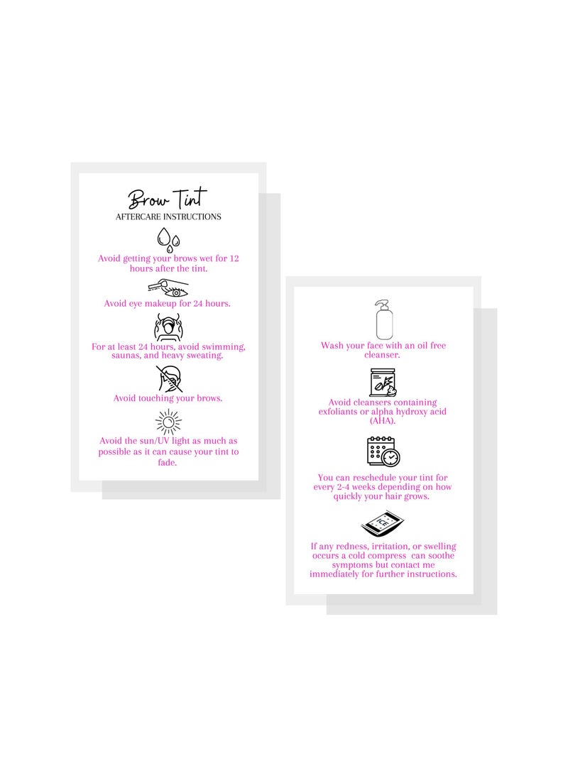 Boutique Marketing LLC Brow Tint Aftercare Instruction Cards | 50 Pack | Physical Printed 2 x 3.5” inches Business Card Size |At Home DIY Brow Tint Henna |Snatched Brows Holographic Look Design (White & Pink)  - Image 2