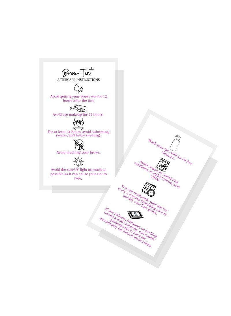 Boutique Marketing LLC Brow Tint Aftercare Instruction Cards | 50 Pack | Physical Printed 2 x 3.5” inches Business Card Size |At Home DIY Brow Tint Henna |Snatched Brows Holographic Look Design (White & Pink)  - Image 1