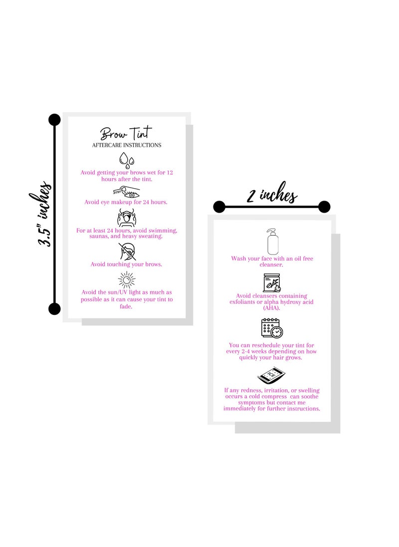 Boutique Marketing LLC Brow Tint Aftercare Instruction Cards | 50 Pack | Physical Printed 2 x 3.5” inches Business Card Size |At Home DIY Brow Tint Henna |Snatched Brows Holographic Look Design (White & Pink)  - Image 3