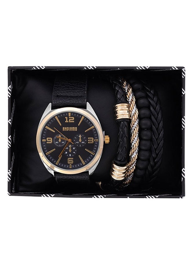 ANDIAMO Men's Analog Gold Case Black Leather Strap Set Watch 