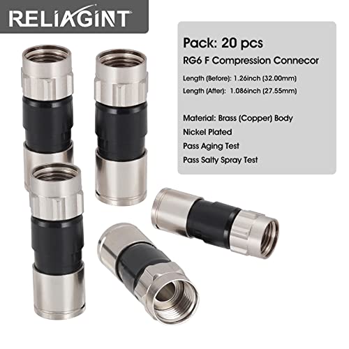 RELIAGINT 20 Pack Coaxial Cable Connector, 75 Ohm F-Type Waterproof Brass Compression Connectors for RG6 Dual/Tri/Quad Shield Cables, for HD TV, Satellite & Antennas - Image 5