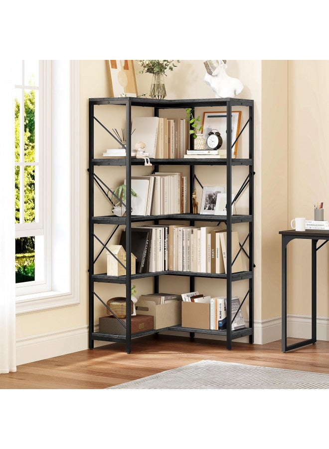YITAHOME Corner Bookshelf, Industrial Corner Shelf 5 Tier Bookcase, Large Display Rack Storage for Bedroom, Living Room, Home Office,Charcoal Gray + Black - Image 2