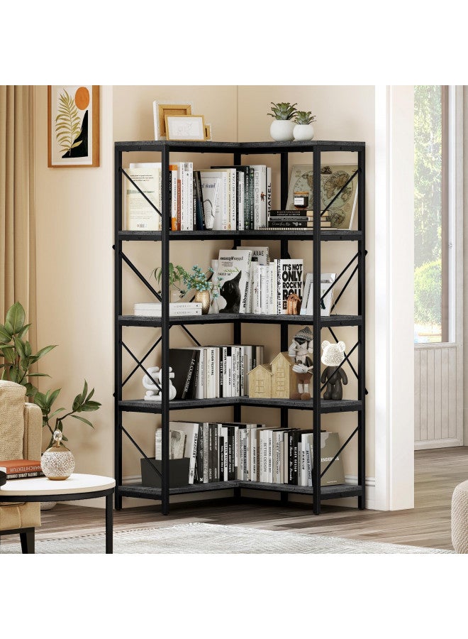 YITAHOME Corner Bookshelf, Industrial Corner Shelf 5 Tier Bookcase, Large Display Rack Storage for Bedroom, Living Room, Home Office,Charcoal Gray + Black - Image 1