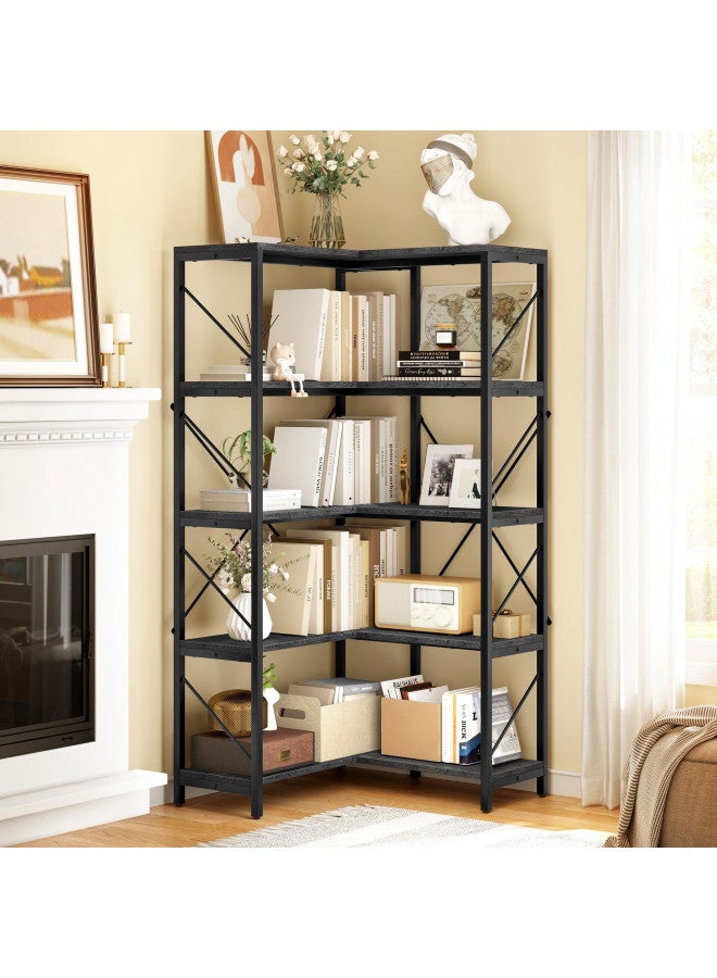 YITAHOME Corner Bookshelf, Industrial Corner Shelf 5 Tier Bookcase, Large Display Rack Storage for Bedroom, Living Room, Home Office,Charcoal Gray + Black - Image 4