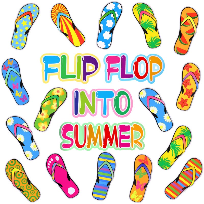 Teling 74 Pcs Colorful Flip Flop into Summer Cutouts Summer June Bulletin Board Wall Decor Hawaiian Beach Pool Party Cutouts with Glue Point Dots for Classroom Party DecorationSimple