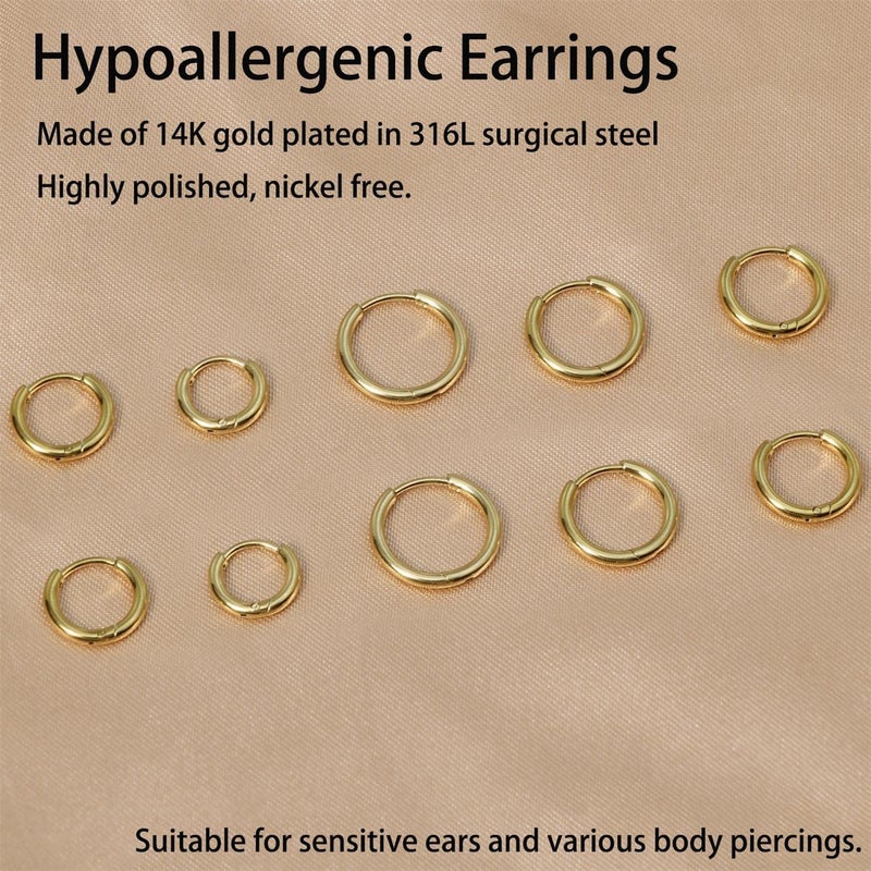 Sweetkiki Small Gold Hoop Earrings Lightweight: Hinged Huggie Hoop Earrings for Lobe Cartilage Helix Tiny Hoops Earrings in Gold Plated Silver Black for Women Men (Set of 1 - 5 Pairs) (14K Gold - 6mm/7mm/8mm/9mm/10mm) - Image 5