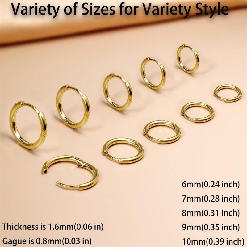 Sweetkiki Small Gold Hoop Earrings Lightweight: Hinged Huggie Hoop Earrings for Lobe Cartilage Helix Tiny Hoops Earrings in Gold Plated Silver Black for Women Men (Set of 1 - 5 Pairs) (14K Gold - 6mm/7mm/8mm/9mm/10mm) - Image 3