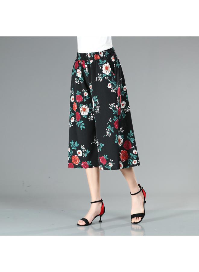 New Summer Women's Floral Cropped Pants For Middle-aged And Elderly Mothers Elastic Waist Thin Wide-leg Pants High Waist Culottes 