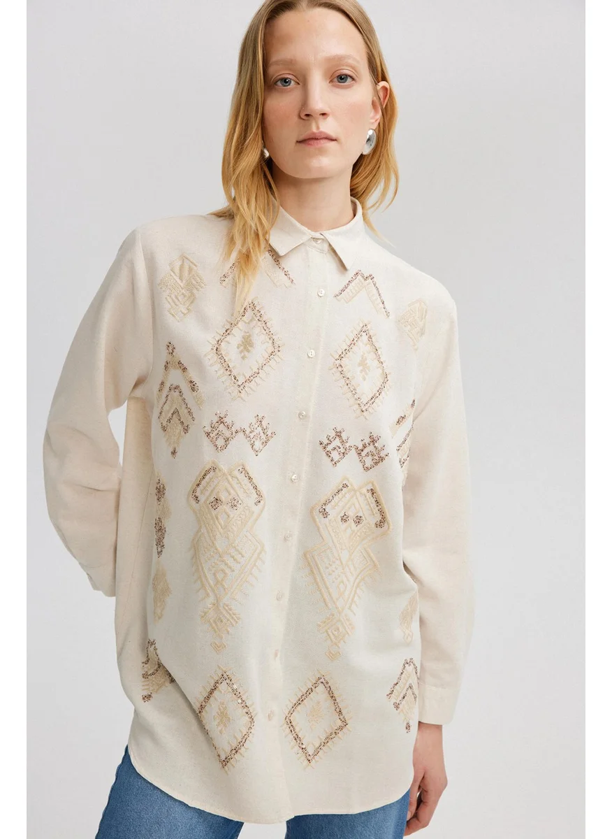 Touche Linen Textured Embroidered Oversized Shirt