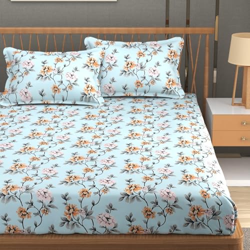 FRESH FROM LOOM King Size Bedsheet for Double Bed | Glace Cotton | Floral Printed | Soft Hypoallergenic Fabric | Anti-Fade Colors(Size - 90x100, Meadow Pastel SkyBlue) - Image 1