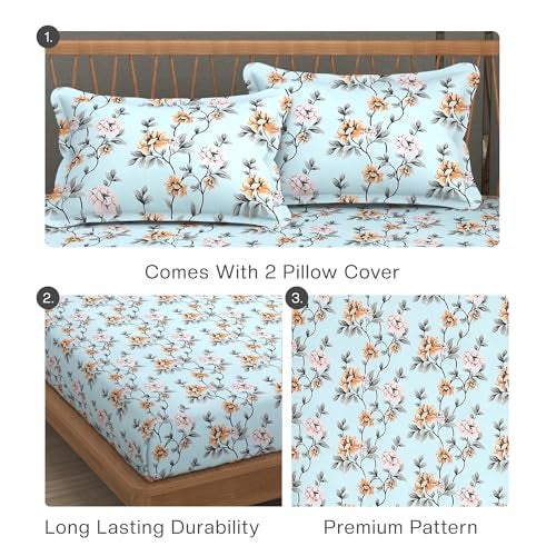FRESH FROM LOOM King Size Bedsheet for Double Bed | Glace Cotton | Floral Printed | Soft Hypoallergenic Fabric | Anti-Fade Colors(Size - 90x100, Meadow Pastel SkyBlue) - Image 4