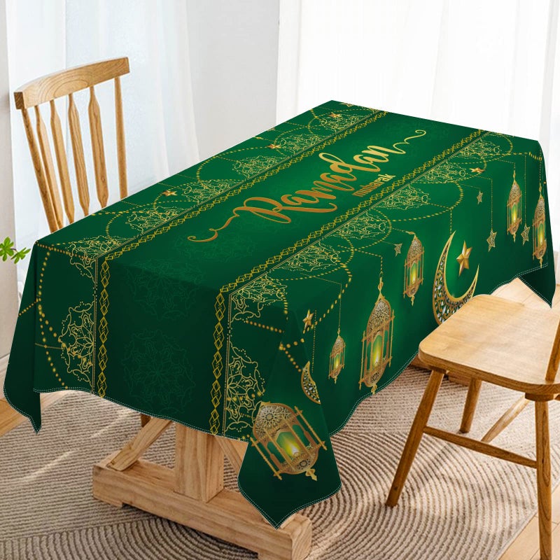 Hafangry Ramadan Mubarak Tablecloth Islamic Muslim Eid Decoration Golden Star Moon Lantern Kitchen Dining Room Table Cover 60 x 84