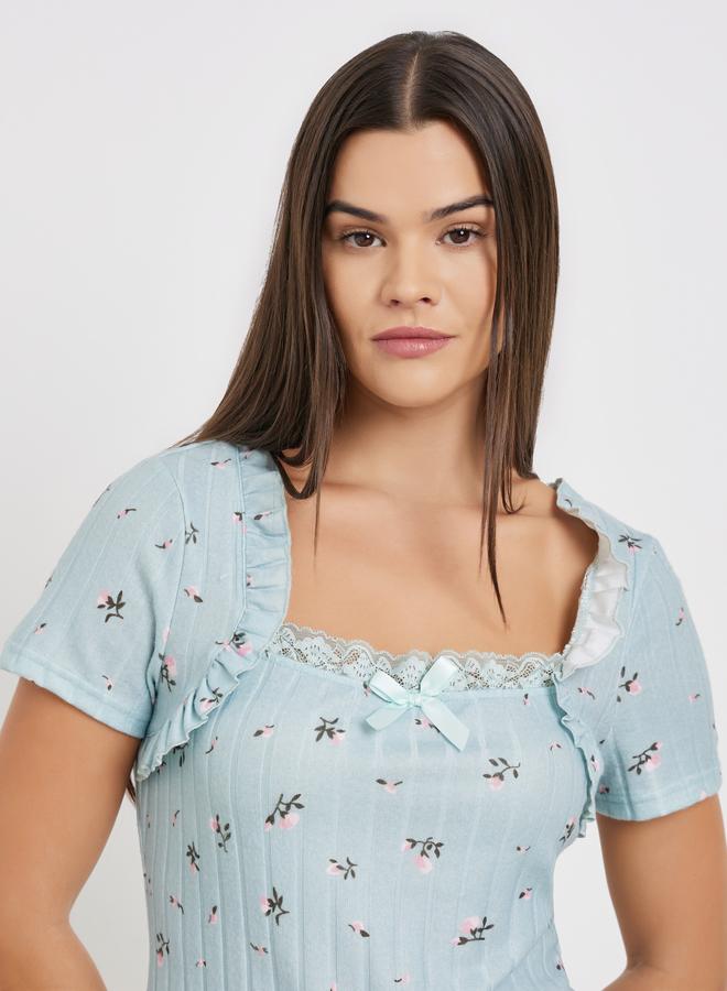 Styli Textured Ditsy Floral Lettuce Hem Bolero Sleeve Top and Pyjama Set - Image 4