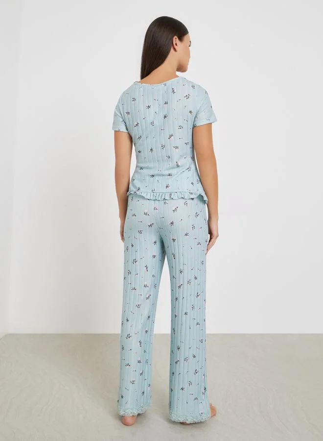 Styli Textured Ditsy Floral Lettuce Hem Bolero Sleeve Top and Pyjama Set