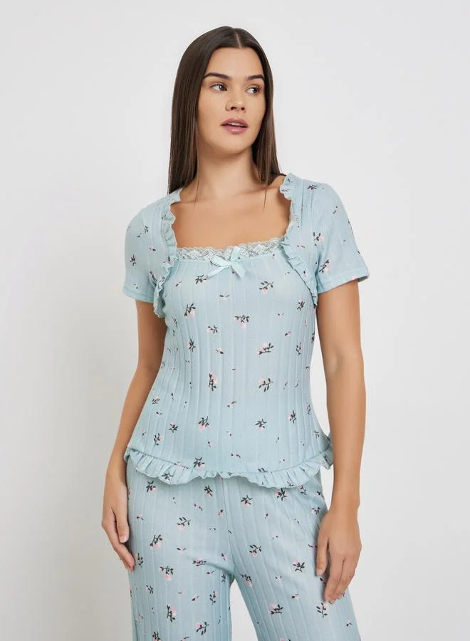 Styli Textured Ditsy Floral Lettuce Hem Bolero Sleeve Top and Pyjama Set