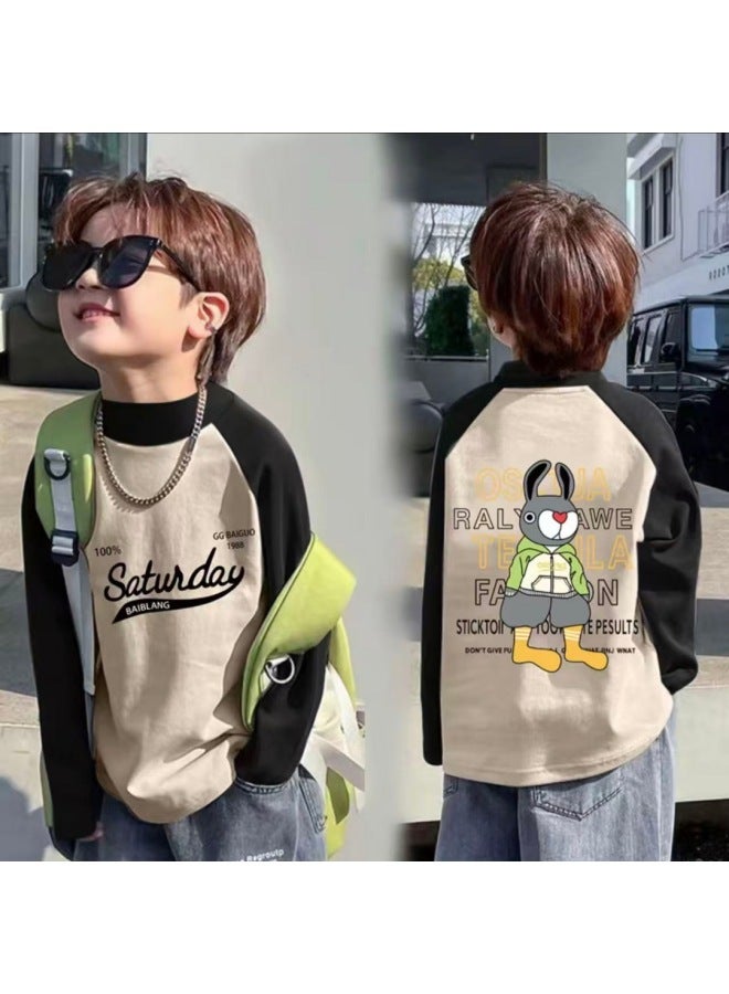 Boys' Thermal Half-high Collar Base Shirt Autumn And Winter Children's Fashion Stylish Raglan Long Sleeve Warm Inner T-shirt For Older Children