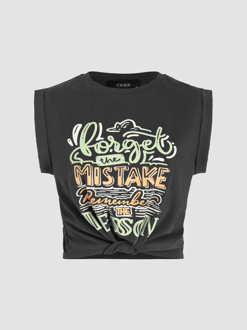 CIDER Womens Cap Sleeve Graphic Tank Crop Tops Crew Neck Twist Knot Front Tee T Shirts Black - Image 3