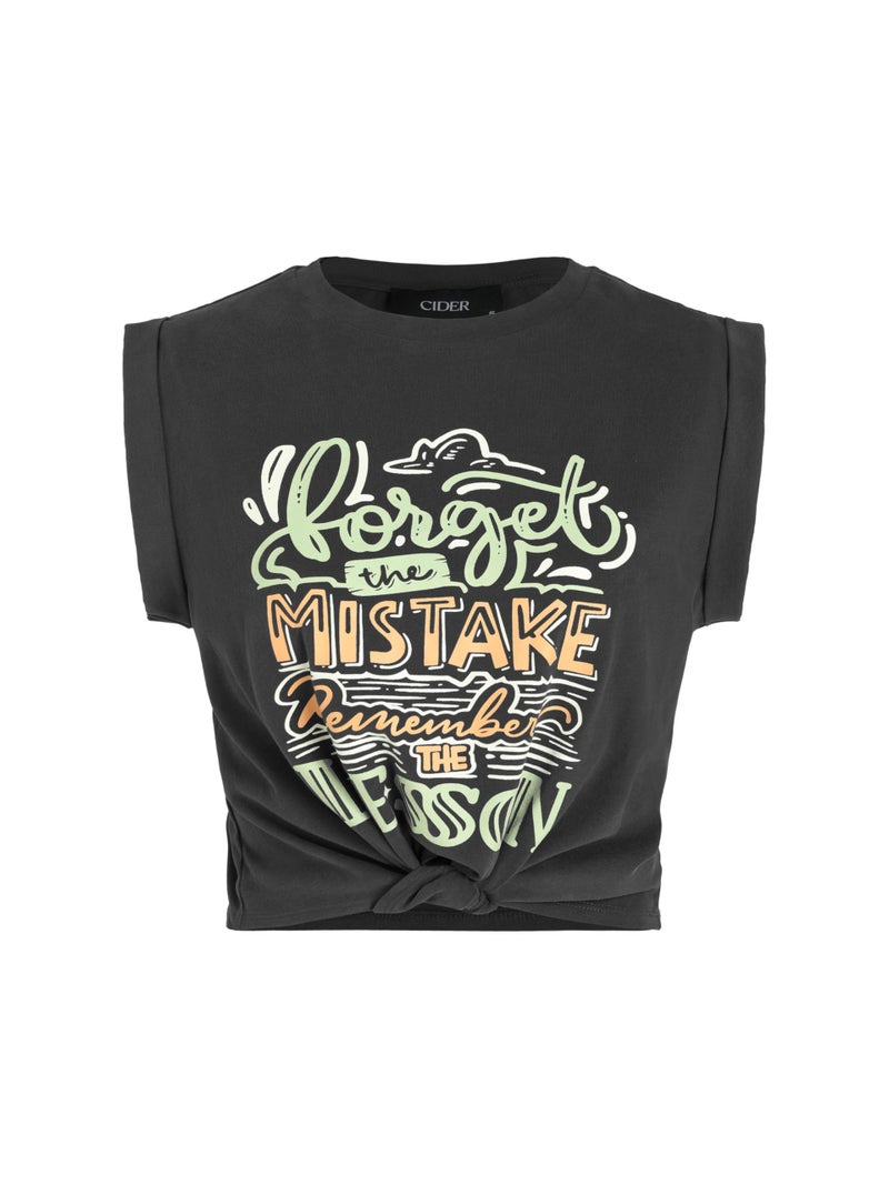 CIDER Womens Cap Sleeve Graphic Tank Crop Tops Crew Neck Twist Knot Front Tee T Shirts Black - Image 1