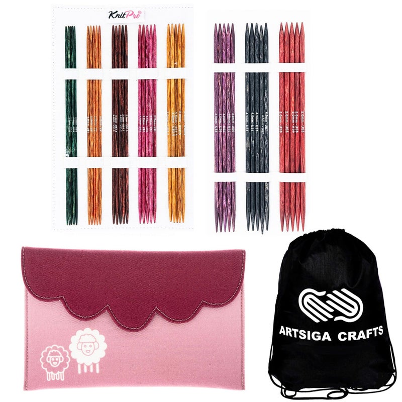 KnitPro Dreamz Deluxe Set 6 inch DPN Double Pointed Knitting Needles Size 0, 1, 1.5, 2, 2.5, 3, 4, 5, 6 with Fabric Case with Project Bag - Image 1