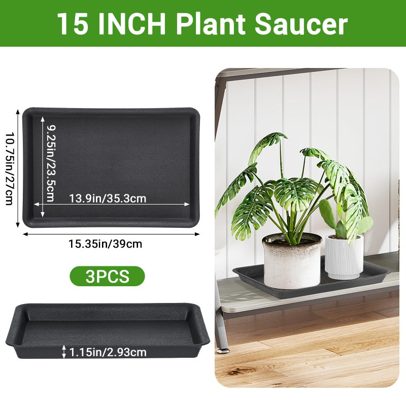 GREANER 3 Packs Plant Saucers Rectangular, 15x11x1.2 Inch Heavy Plastic Plant Saucer Drip Tray, Flower Pot Tray for Indoors Outdoor Plant Pots, Thick Drip Tray for Garden Potted Water Drips and Soil - Image 2