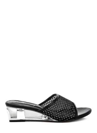 London Rag Mesh Clear Heel Wedge Sandals in Black